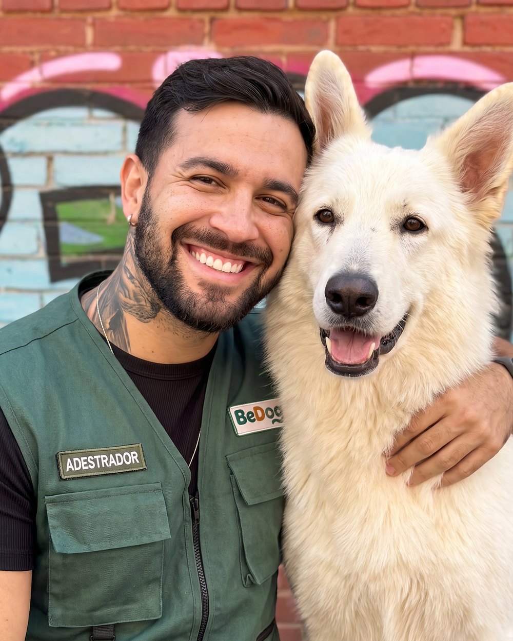 Vinícius Belotti, fundador da BeDog, de colete de adestrador, com o Fantasma, seu Pastor Suíço branco